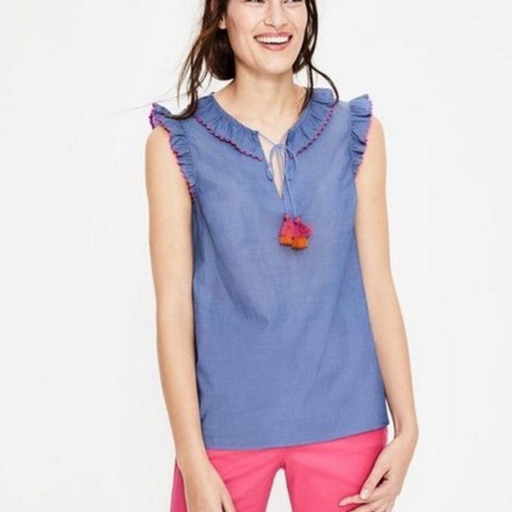 Boden Laurie Ruffle Tassel Sleeveless Top
Light Chambray Blue Size 6 US